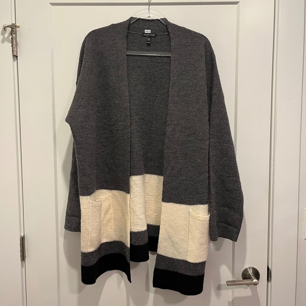Eileen Fisher Merino Wool Colorblock Open Front Cardigan Grey Cream XL F18FMY